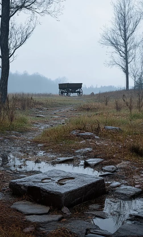 once-inhabited farmland lying quiet, cracked hearthstones, broken pottery shards near collapsed dwel