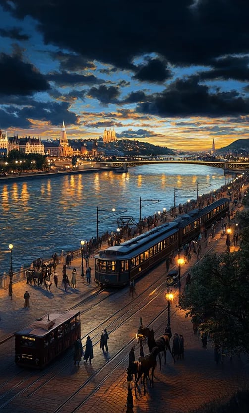 panoramic view of the Danube at sunset, rooftops of Buda and Pest glowing orange and gold