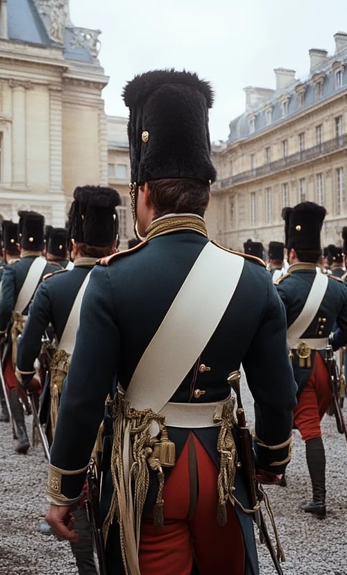 Napoleon and fellow cadets practice military drills