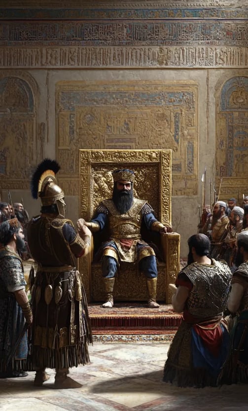 Darius I, now seated on a grand golden throne, addresses his advisors and military commanders.