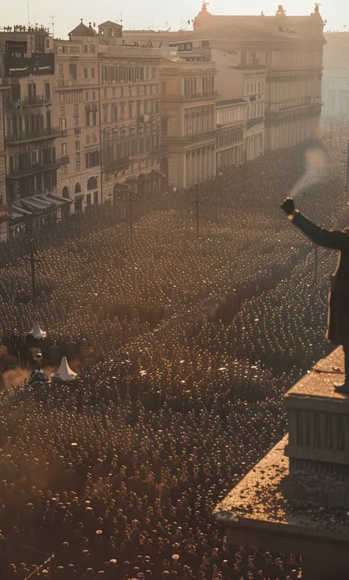 Mussolini standing on a balcony, addressing a massive crowd of Blackshirt supporters
