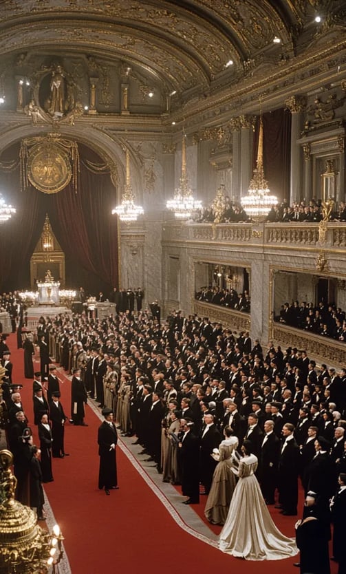Stockholm’s Grand Hall in 1901, laureates in formal evening attire ascend a red carpeted dais