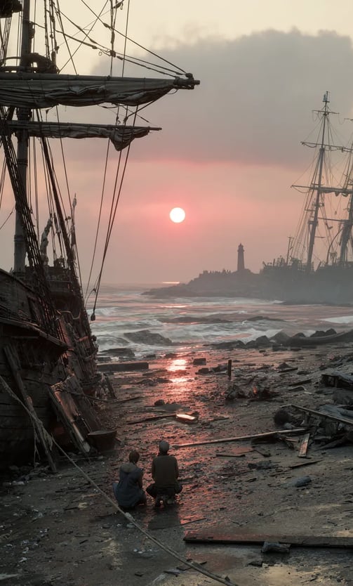 battered vessels drift near a rocky shoreline
