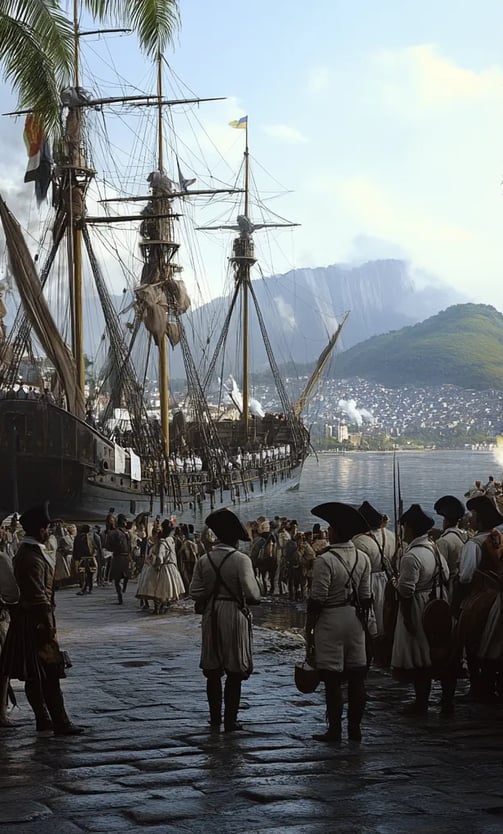 Rio de Janeiro harbor, tropical dawn light glints off Portuguese warships