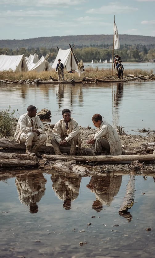 the Charles River’s calm surface as a small group of excluded Black and mixed-heritage men sitting