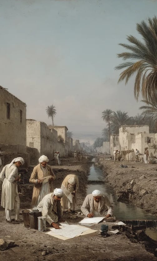 French savants in high-collared coats and simple waistcoats unroll papyrus manuscripts