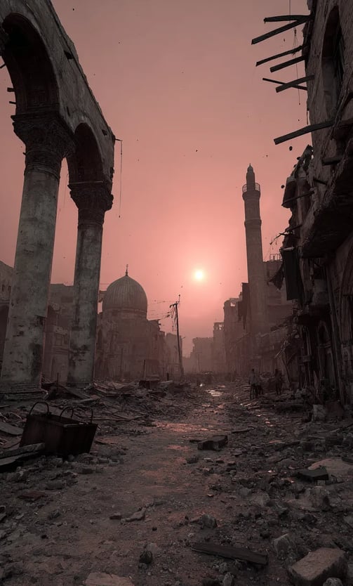 ruined heart of Baghdad, streets lined with marble colonnades