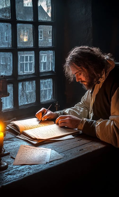 Samuel Pepys seated alone by a broad oak desk cluttered with manuscripts and inkpots