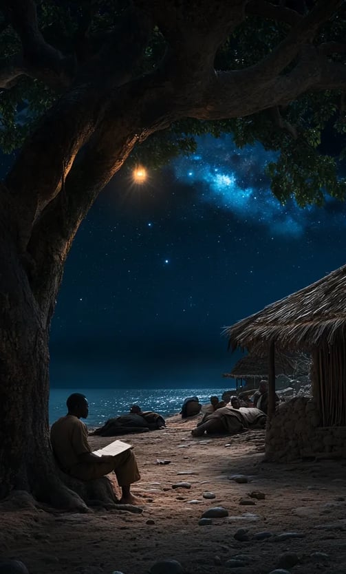 Amistad survivor reflects quietly by ocean in Sierra Leone, 1841.