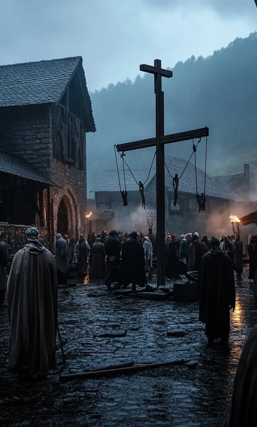 silent city square at dawn, fog drifting between buildings, townspeople in cloaks whispering among