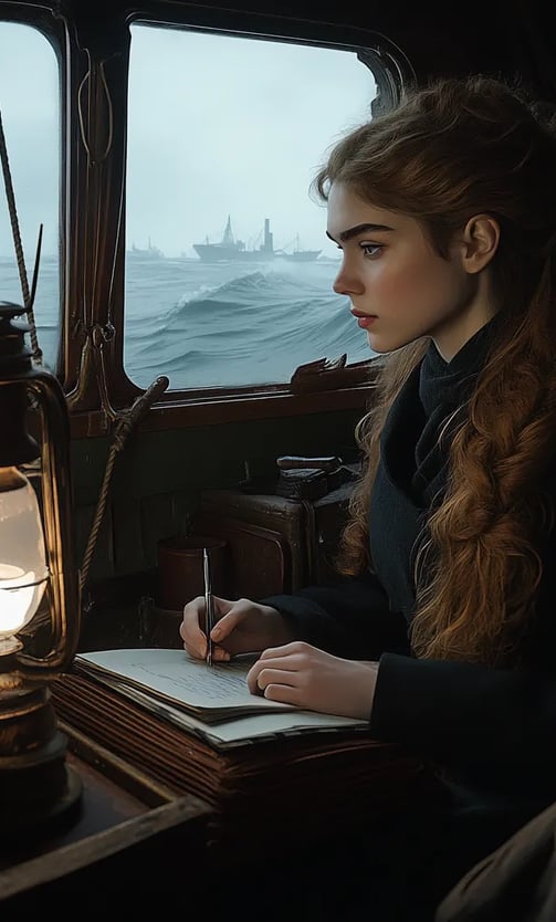 small, spartan cabin aboard steamship, Nellie Bly writing notes by dim oil lantern