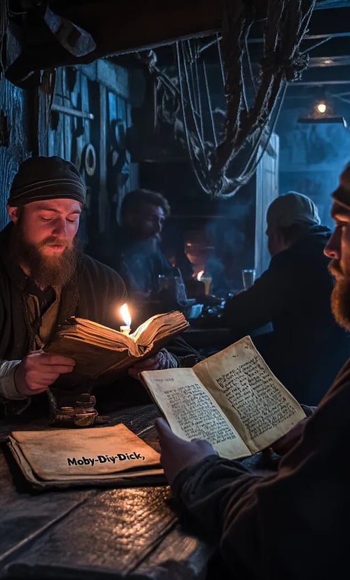 smoky seaside tavern in New Bedford, rough-hewn sailors swapping battered coins for ale, man reading