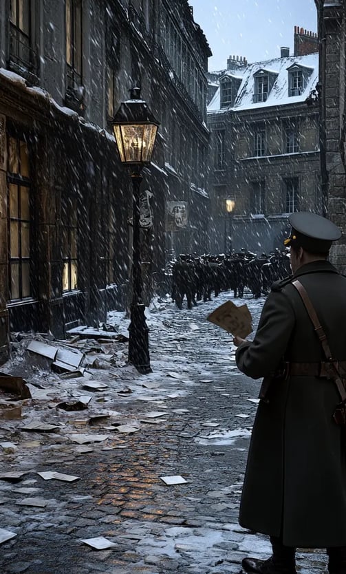 snow falling gently over a quiet square littered with broken window panes