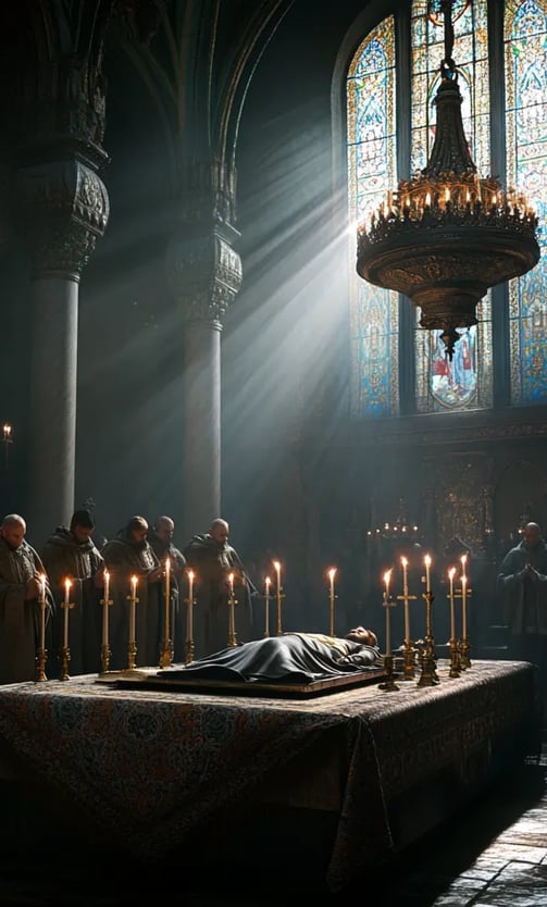 somber royal chapel, body of the prince resting on an embroidered cloth surrounded by tall burning c