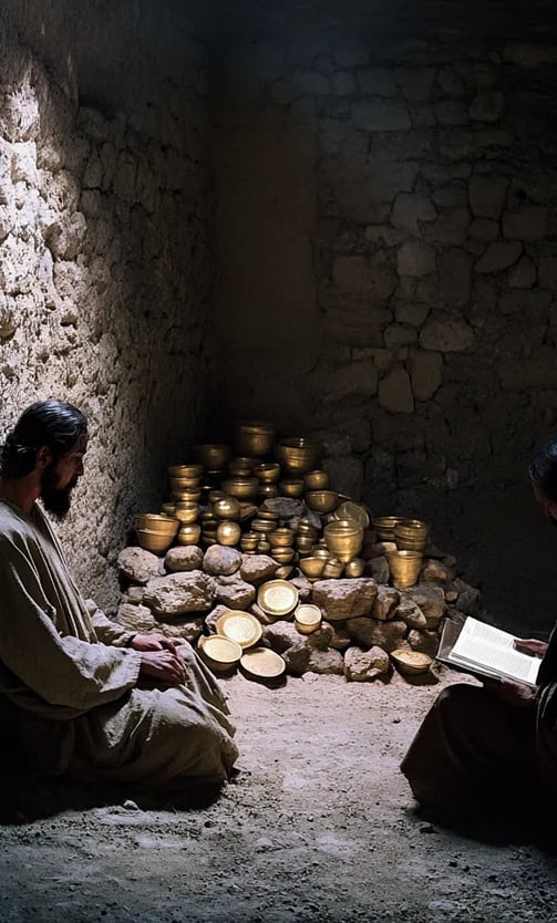 stone chamber dimly lit by torchlight, piles of gleaming gold artifacts stacked in the background