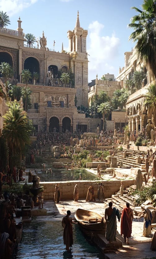 a group of people standing around a fountain