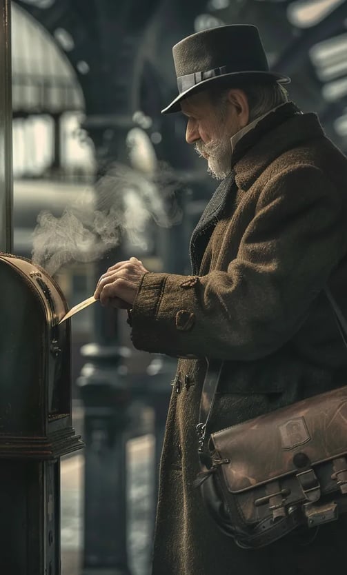 a traveler in a wool coat and leather satchel mailing a postcard at a railway station postbox
