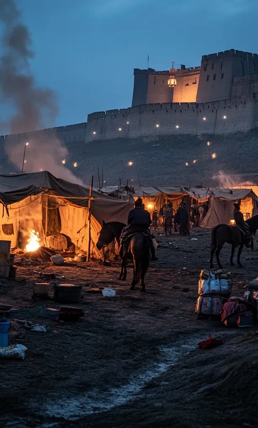 Twilight over makeshift Uyghur military camp outside Luoyang’s massive city walls