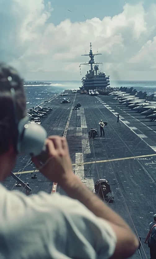 American aircraft carrier on high alert, F-8 Crusader fighter jets lined up on the deck