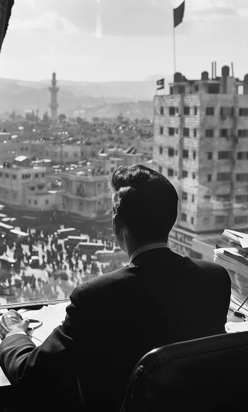 UN diplomat in a dark suit reviewing an urgent report on the Qibya massacre