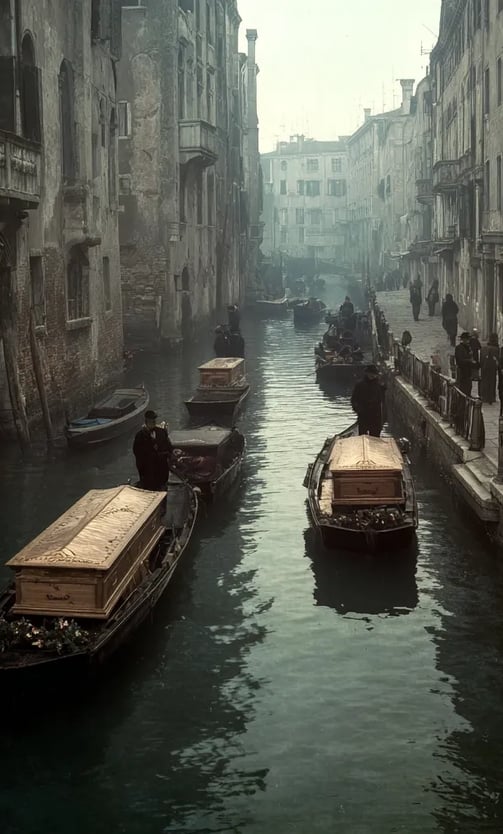 annaregio Canal: swollen with funeral barges ferrying wooden coffins past shuttered Gothic palaces