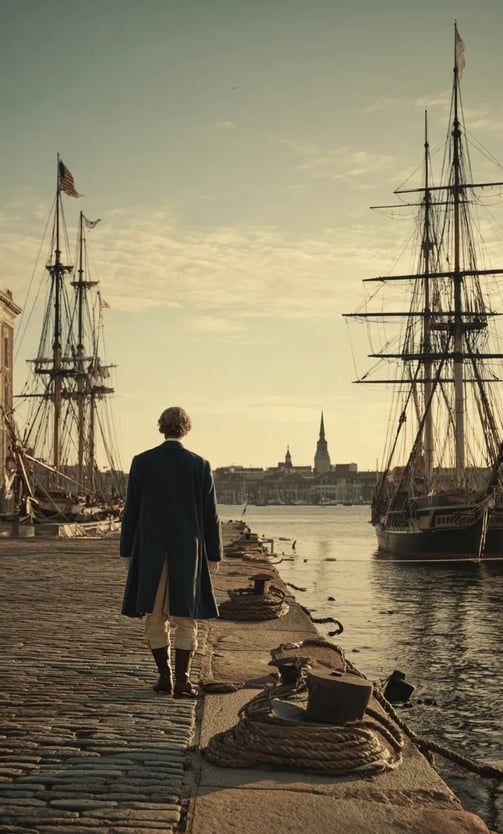 Financier off-center on top step, moored schooners and spires in background
