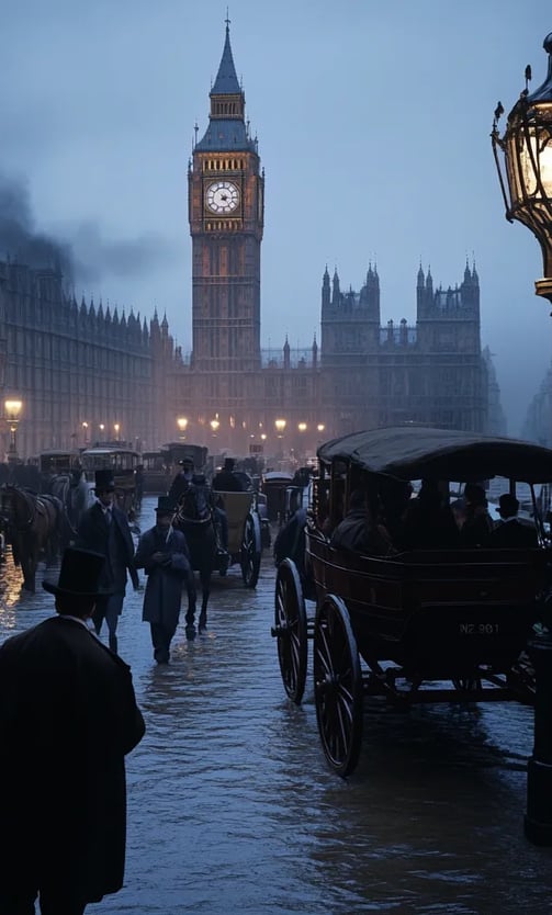 Victorian street scene along the Thames embankment, 1856, horse-drawn carriages