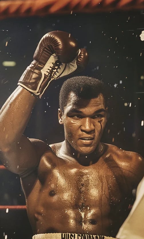 Cassius Clay with his gloved hand raised in triumph by the referee