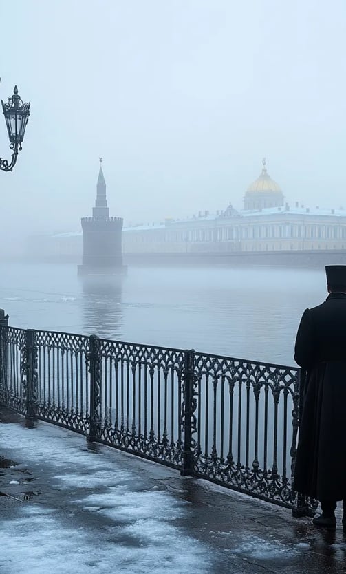 Early morning fog blanketing the Neva River, distant silhouette of the Winter Palace