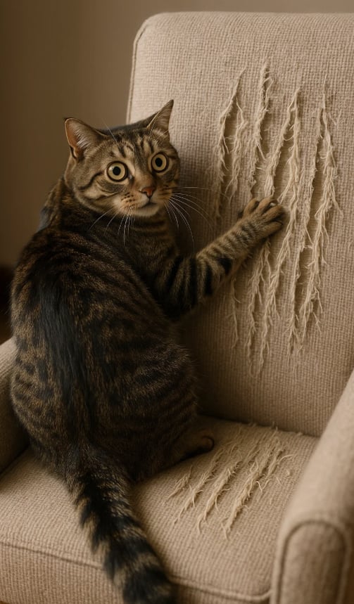 Un chat surpris pendant qu'il lacère un fauteuil pour la journée internationale du chat.