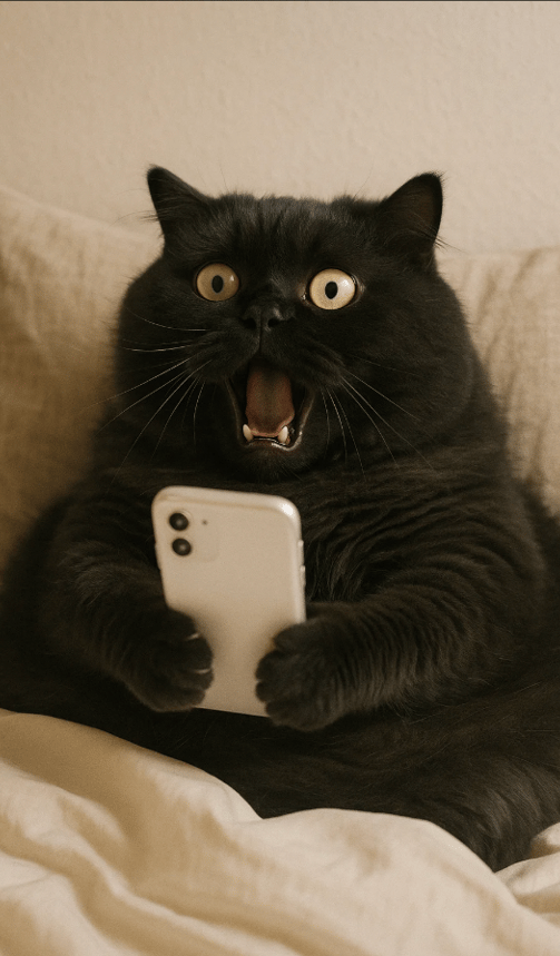 Un chat noir découvre les superstitions sur son espèce sur internet pour la journée des chats.