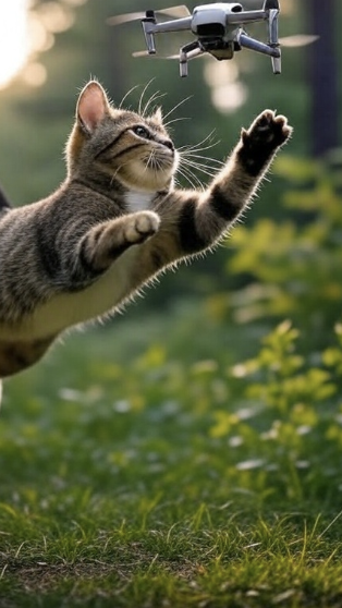 Un chat chasse un drone pour la journée mondiale des drones