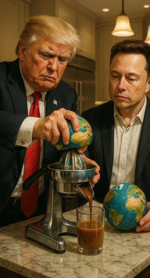 Illustration IA - Journée mondiale de la terre : Trump et Musk pressent la terre comme un citron 