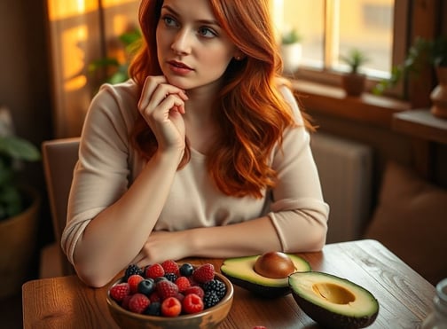 Lady deciding between avocado and berries