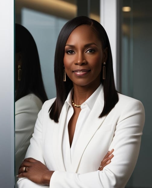 African American professional woman in white blazer and gold earrings standing against a glass wall