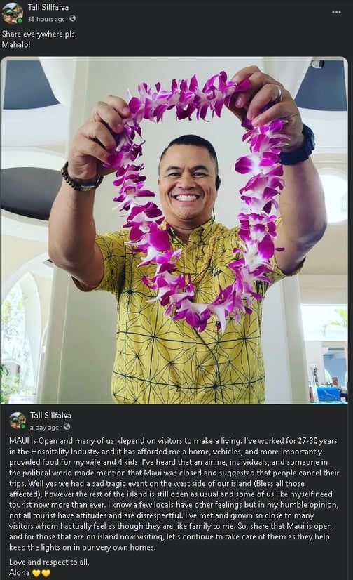 FB post asking visitors to visit Maui now