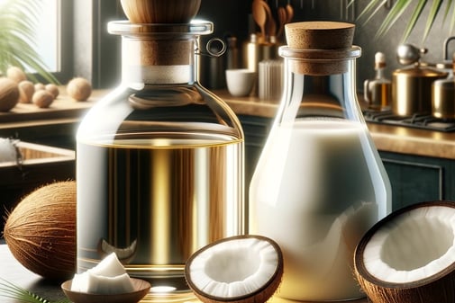 lejra bottle of coconut oil on a counter top