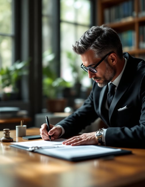 a man in a suit and tie is writing on a paper