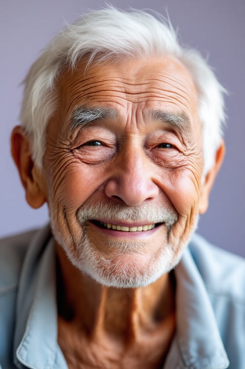 a man with a white beard and a blue shirt