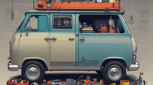 A person in an orange shirt is crouched down, working on the wheel of a yellow jeepney parked by the side of the road. The jeepney's hood is open, and various tools and containers are scattered around. It's situated near a light-colored building and some vegetation.
