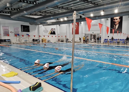 a group of people swimming in a pool