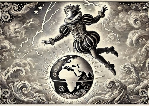An AI agent, like Ariel or Puck, circling a globe of knowledge, surrounded by electricity.