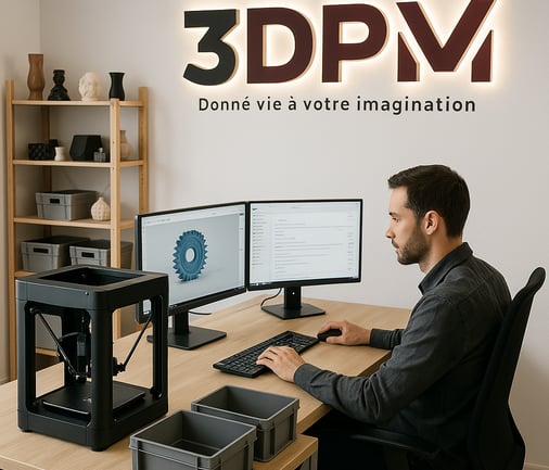 Employé travaillant sur une commande client dans une boutique 3DPM, devant une imprimante 3D et deux écrans, avec le logo rét