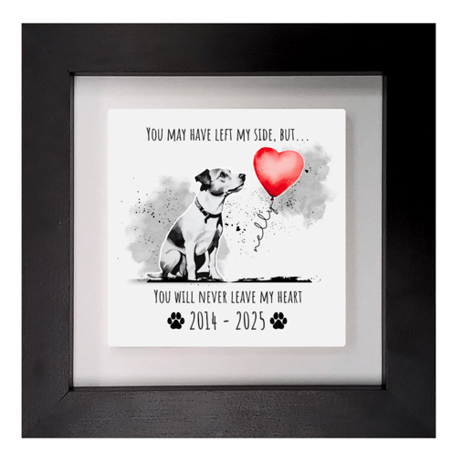 Framed Memory Tile of a dog with a heart shaped balloon