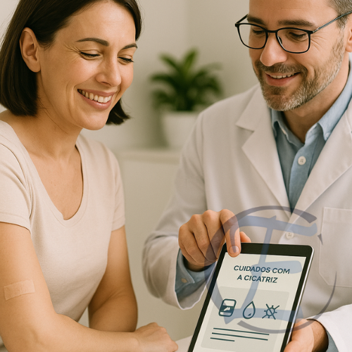 Paciente em pós-operatório de correção de cicatriz recebe orientações médicas.