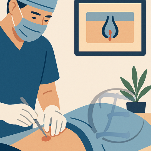 Procedimento ambulatorial para correção de cisto pilonidal com técnica segura e estéril.