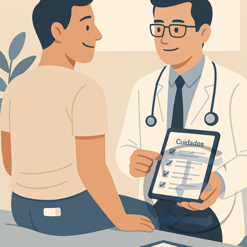Retorno pós-operatório com orientações de curativo após cirurgia de cisto pilonidal.
