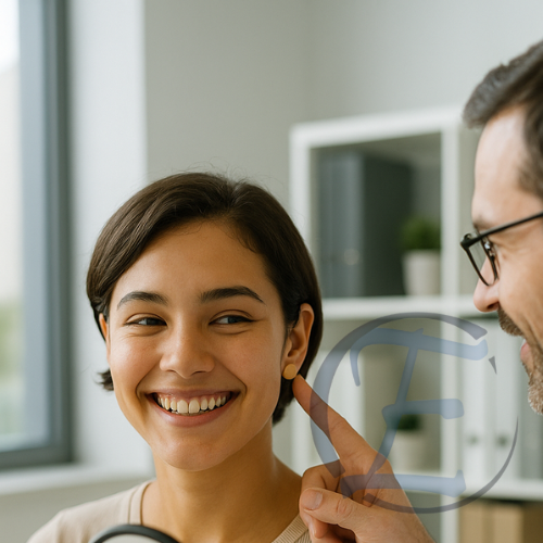 Paciente sorrindo, curativo no lóbulo; médico aponta espelho em consultório claro.
