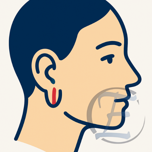 Perfil minimalista com lóbulo fendido vermelho; contorno azul-escuro, fundo branco.