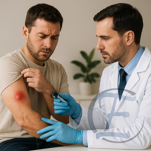 Paciente com abscesso cutâneo inflamado sendo avaliado em consultório médico.
